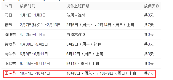16年国庆放假安排