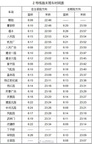 杭州地铁2号线运营时刻表